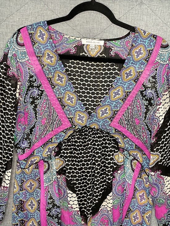 Rose + Olive Boho Paisley Blouse Pink Black Mixed Print Top L - Picture 4 of 6
